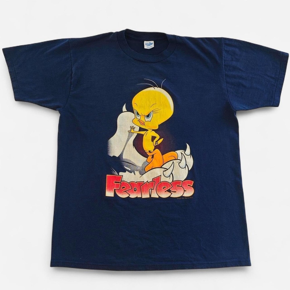 Vintage 1995 Velva Sheen Tweety Bird Fearless T-Shirt Navy Large Made in USA